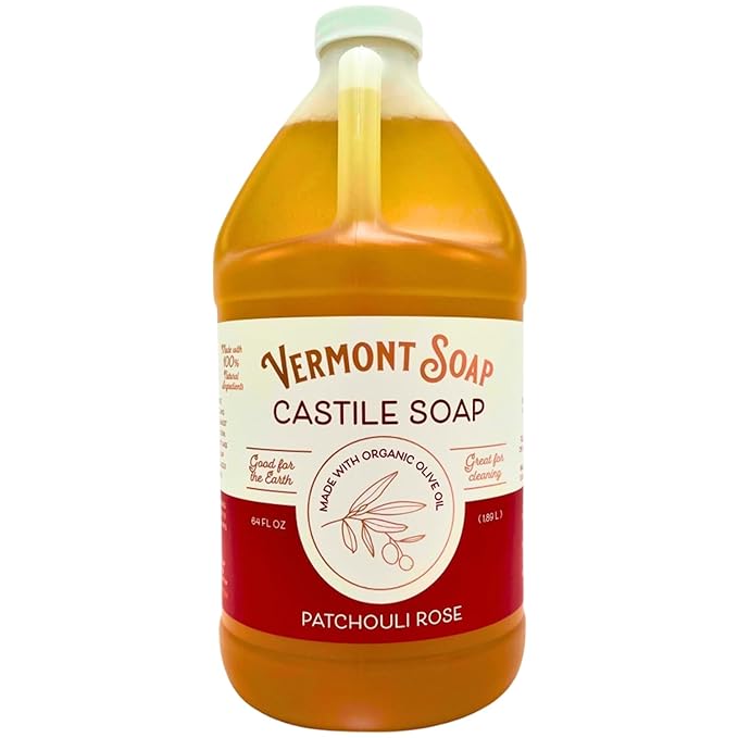 Vermont Castile Soap Patchouli Rose, Gentle Liquid Soap for Sensitive Skin & Natural Body Wash, Organic Hair Shampoo for Oily Hair, Aloe Castile Soap for Men & Women - 64 Oz