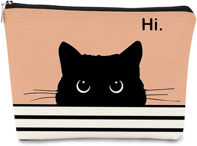 Cute Cat Cosmetic Bag, Black Kitty Gifts for Cat Lovers, Makeup Pouch for Women (Peach-1)