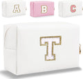Small Personalized Letter Makeup Bag, Cute PU Leather Chenille Letters Cosmetic Bag Travel Makeup Pouch, Preppy Travel Organizer Zipper Pouch for Women&Girls（White-T）