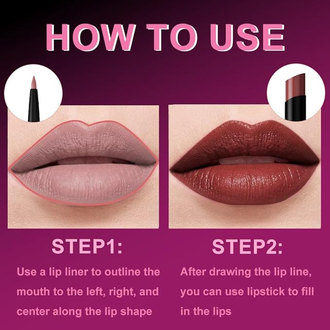6Pcs 2 in 1 Orange Red Brown Plum Lip Liner and Lipstick Combo Set for Women,Lipstick Stain Lip Liner for Daily & Party Long Lasting Waterproof Smudge Proof 24 Hour Full Coverage Vegan Lip Makeup Kit