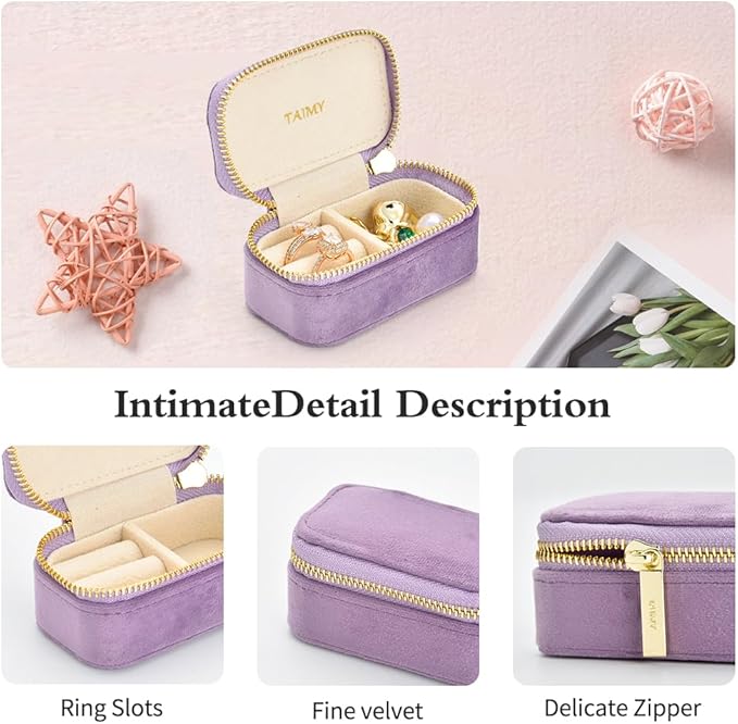 Small Travel Jewelry Case, Mini Tiny Plush Velvet Jewelry Box for Women and Girls, Pocket Size Jewelry holder organizer for Rings Earrings and Small Items(Lavender)