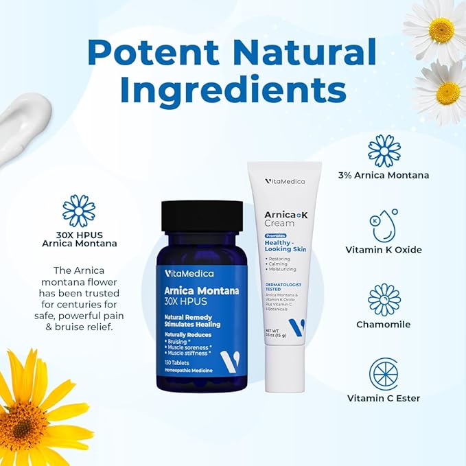 VitaMedica | Arnica Montana 30X & Arnica Cream Bundle | for Bruising, Swelling, Inflammation & Pain Relief | Vitamin K Topical Cream | Softens, Calms, Moisturizes, & Restores Bruised Skin | USA Made
