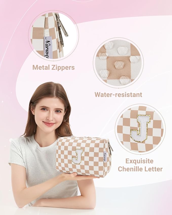 Narwey Birthday Gifts for Women Teen Girls Kids Personalized Initial Checkered Makeup Bag Cute Cosmetic Bag Trendy Stuff 6 8 10 11 12 13 14 16 18 Years Old Travel Toiletry Bag (Brown Letter J)