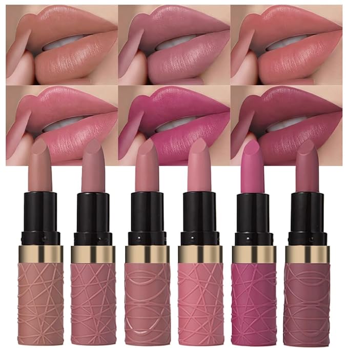 evpct 6Pcs Nude Brown Pink Purple Rose Red Mauve Matte Lipstick Sets for Women Velvet Lipstick Long Lasting Waterproof 24 Hours Lip Stick Stain Makeup Gift Sets labiales mate 24 horas originales A