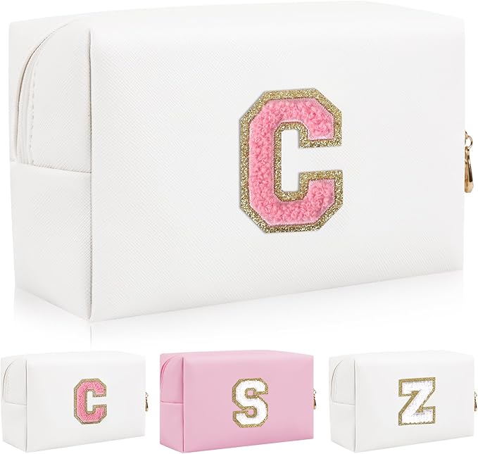 Personalized Initial Letter Patch Makeup Bag, Preppy Portable Chenille Letter Cosmetic Bag with Zipper, PU Leather Waterproof Travel Toiletry Bag Monogram Make Up Pouch for Women Girls(Letter C)