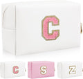 Personalized Initial Letter Patch Makeup Bag, Preppy Portable Chenille Letter Cosmetic Bag with Zipper, PU Leather Waterproof Travel Toiletry Bag Monogram Make Up Pouch for Women Girls(Letter C)