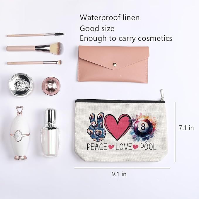 Billiards Gifts Billiards Lover Gifts Billiards Cosmetic Makeup Bag Pool Player Gift Cue Sports Merchandise Peace Love Lucky 8 Pool Travel Toiletry Makeup Organizer Zipper Pouch
