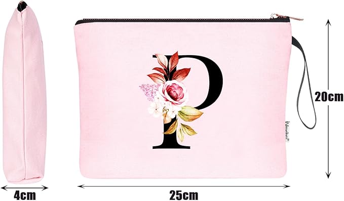 Vavabox A-Z Personalized Makeup Bag, Birthday Gifts for Women Mom, Gifts for Best Friend, Bride Bridesmaid Cosmetic bag (P, Pink)