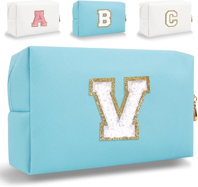 Small Personalized Letter Makeup Bag, Cute PU Leather Chenille Letters Cosmetic Bag Travel Makeup Pouch, Preppy Travel Organizer Zipper Pouch for Women&Girls（Blue-V）