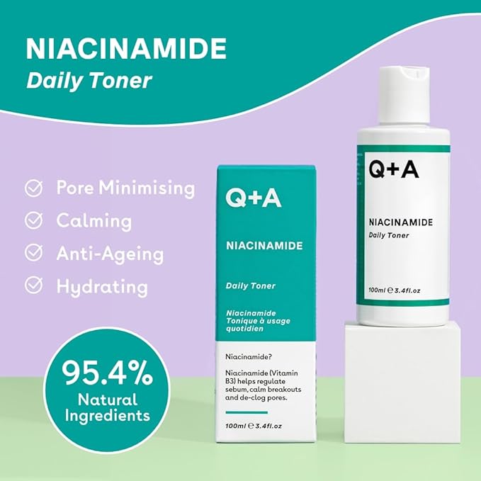 Q+A Niacinamide Daily Toner for Face (100ml), Pore Refining and Hydrating Face Toner with Hyaluronic Acid and Aloe Vera, Fragrance Free Skincare, Helps Calm Redness and Blemishes