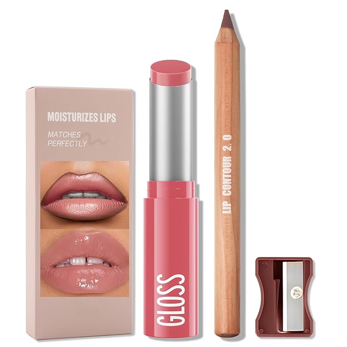 Erinde 2pcs Lip Liner and Lipstick Combo Set, Matte Lipliner Pencil & Hydrating Lip Gloss Makeup Kits for Women, Waterproof, Long Lasting, Highly Pigmented, Nude Brown Natural Lipstick, 07