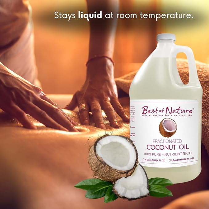 Best of Nature 100% Pure Fractionated Coconut Oil - Liquid MCT Massage & Body Oil, Unscented Moisturizer for Hair, Skin, Face, Aromatherapy Carrier for Essential Oils, Half Gallon (64 fl oz)