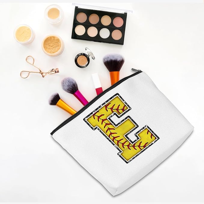 Initial Makeup Bag Monogrammed Cosmetic Bag Letter E Zipper Pouch Softball Accessories for Girls Women Player Coach Niece Graduation Birthday Gifts