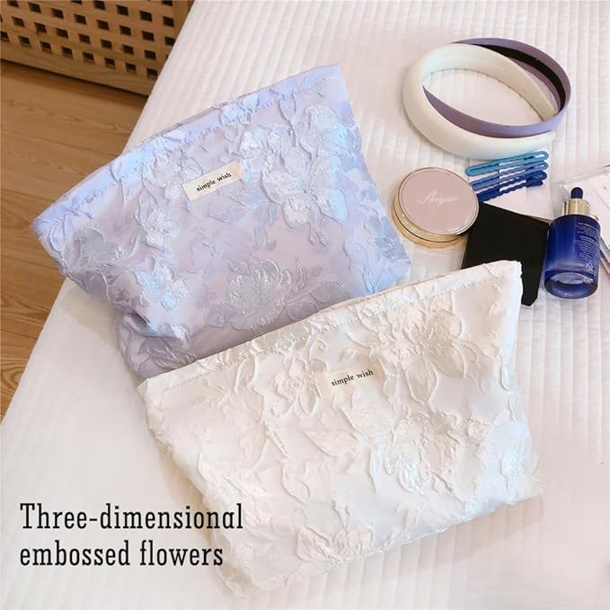 STARDW Aesthetic Floral Makeup Bag Cute Small Cosmetic Bags for Women Girls, Travel Toiletry Bag Large Capacity Zipper Makeup Pouch, Purse Organizer Pouches (Embossed white)
