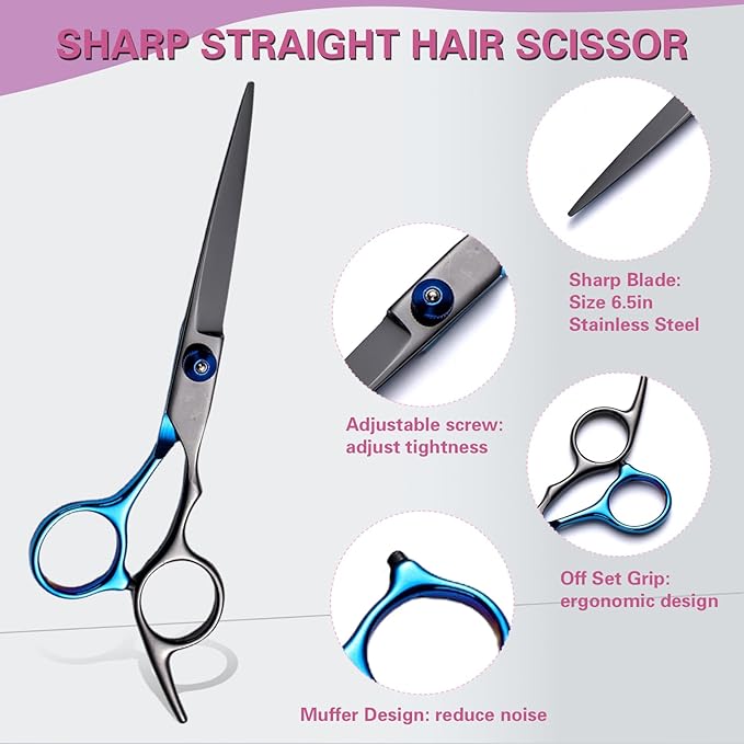 Hair Cutting Scissors Kit 11PCS, Professional Haircut Scissors with Japanese Stainless Steel Shears, Thinning Shears, Haircut Accessories in Leather Case for Salon/Home (Black - Blue)