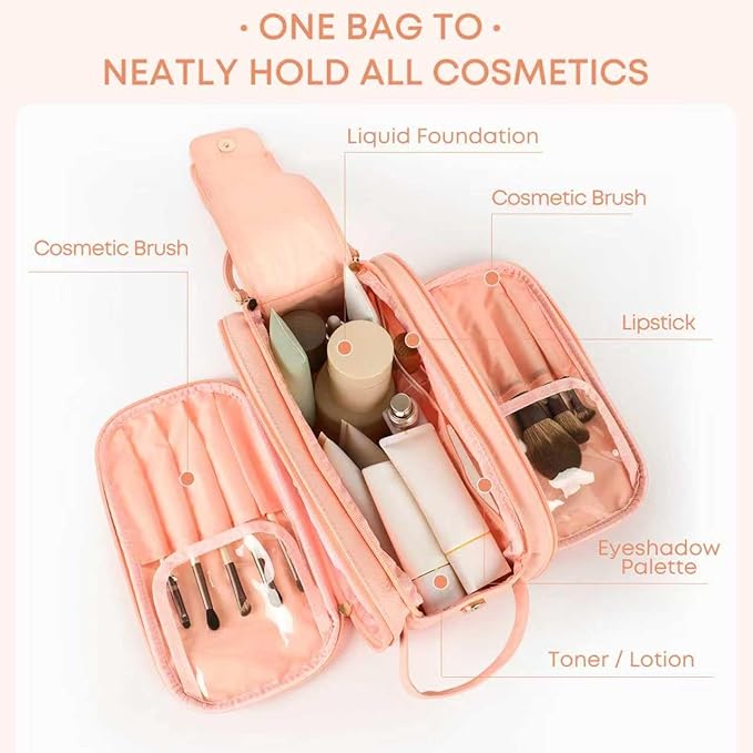 Large Pink Makeup Bag for Women, Waterproof Travel Makeup Bag & Toiletry Organizer with Cosmetic Case, Spacious Make Up Travel Bag for Women's Toiletry Essentials
