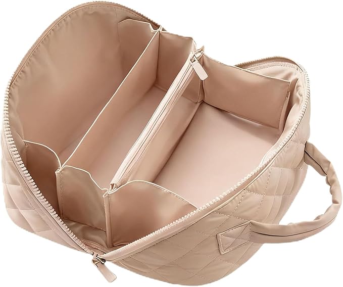 Petition Makeup Bag, 180° Open Lay-Flat Cosmetic Case, Large Capacity Compartment Makeup Bag, Lightweight, Soft and Fashion for Bottles & Brushes (Beige)