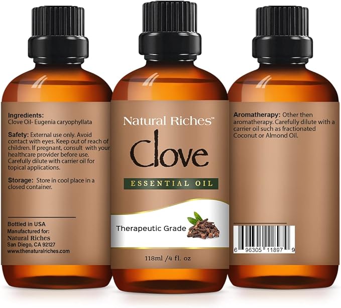 Natural Riches Pure Clove Essential Oil 4 Fl Oz, Therapeutic Grade for Tooth Ache Soothes Sore Muscles Clove Bud Oil Essential Oil for Teeth, Gums, Toothache, Skin Use and Hair Care.