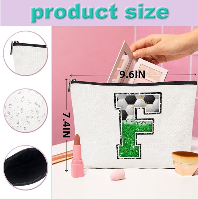 Soccer Gifts Initial Makeup Bag Monogrammed Cosmetic Bag Letter F Zipper Pouch Soccer Accessories for Girls Women Soccer Player Coach Friend Soccer Stuff Graduation Birthday Gifts