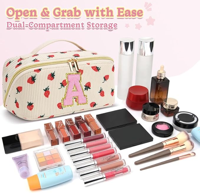 Personalized Travel Makeup Bag Set,Initial Travel Strawberry Makeup Organizer Bag,Toiletry Skincare Cosmetic Bag,Christmas Gifts for Women/Girls,Open Flat Toiletry Pouch with Brush Pocket-F