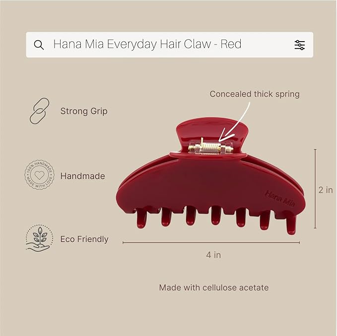 Premium Durable Acetate Hair Claw - 4 Inch Red Claw Clip For Women | Cute Clip For Thick Or Thin Hair | Large Hair Claws | (Red)