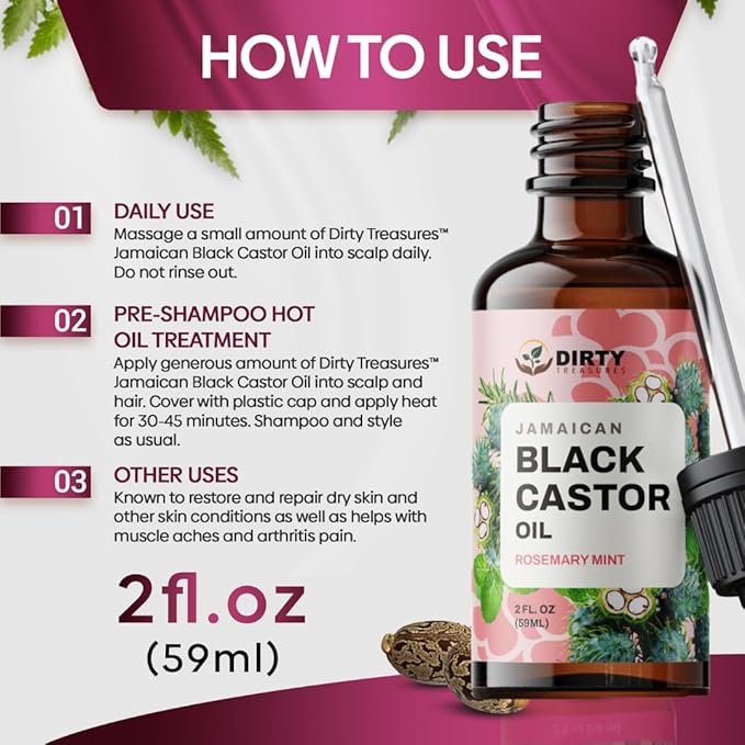 Dirty Treasures Rosemary Peppermint Castor Hair & Scalp Treatment - Nourishing Oil for Hair Growth, Dry/Damaged Hair, Eczema & Split Ends - 2oz