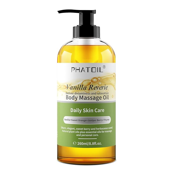 PHATOIL Vanilla Body Oil with Sweet Orange, Juniper Berry and Thyme Essential Oils, Premium Scented Body Oil for Moisturizing Skin, Massage Oil for Women Men After Shower - 8.8 FL.OZ(260ML)