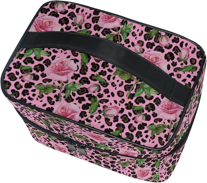Makeup Bag, Roses On Pink Leopard Travel Makeup Organizer Bag Cosmetic Cases Toiletry Bags for Girl Women Ladies
