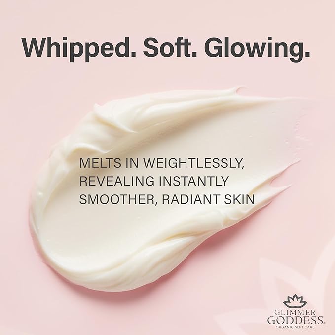 Glimmer Goddess Organic Whipped Body Butter for Women - Moisturizer Cream with Shea & Cocoa Butter, Almonds & Coconut Oil - Frankinsense & Myrhh, 8oz