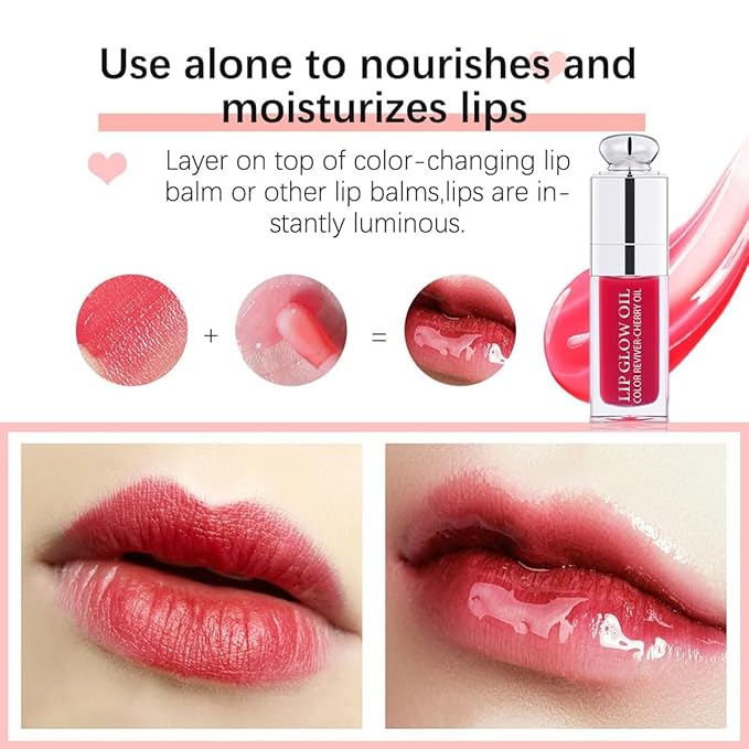 Hydrating Lip Glow Oil, Lip Oil Gloss Transparent Toot Tinted Nourishing Long Lasting Repairing Lightening Lip Lines (CLEAR TO PINK) 0.2 OZ
