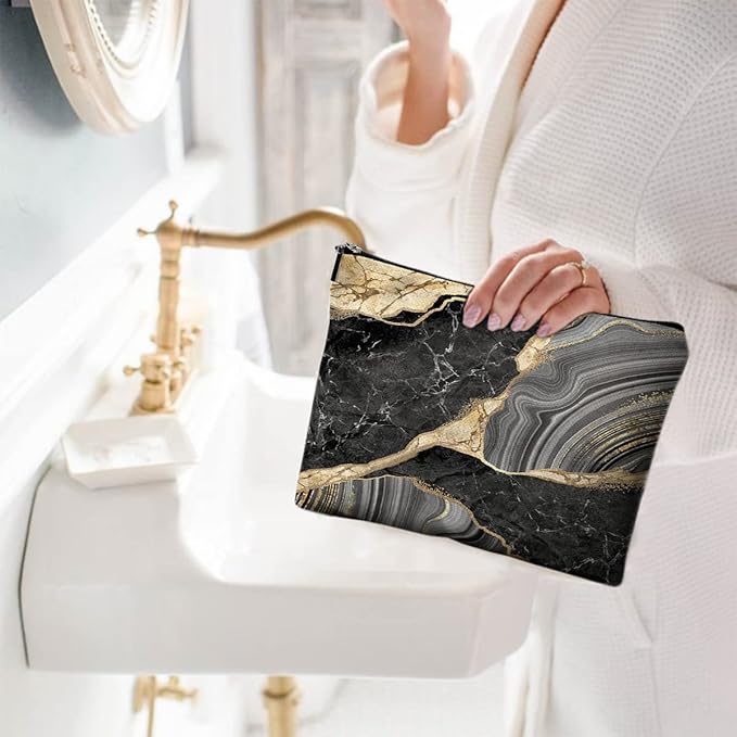 Cute Makeup Bag for Purse Canvas Waterproof Funny Cosmetic Bags for Women Zipper Travel Toiletry Pouch-Black Marble Makeup Bags