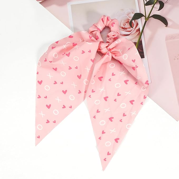 Valentine's Day Hair Ties XOXO Pink Heart Hair Scrunchies for Women Girls Elastic Love Hair Tie Ribbon Valentine's Day Hair Bows Hair Accessories Gifts