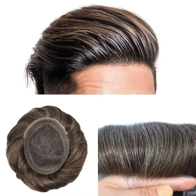FACE MIRACLE Toupee for Men French Lace Hairpiece Human Hair Replacement System Skin PU Mens Toupee Hair Wigs for Man V-Looped Front Hair Prosthesis 7"X9" #340 Dark Brown with 40% Gray