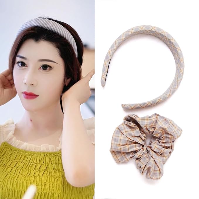 Headband and Scrunchie Set for Women 2Pack Hair Ties for Girls Elastics Bands Ponytail Holder Hair Accessories Blue Lattice