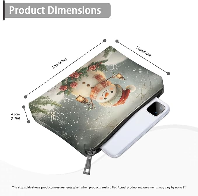 COEQINE Makeup Pouch For Purse Leather Snowman Purses for Women Travel Vintage Floral Cosmetic Bag Portable Travel Storage Toiletry Bag for Womens Holiday Christmas Birthday Gifts