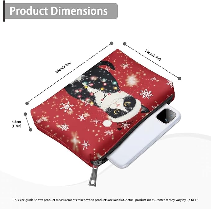 COEQINE Christmas Lights Cute Cat Makeup Bag Small Organizer Red Snowflake Leather Cosmetic Bag For Purse with Zipper Waterproof Artist Organizer Bag Cute Pencil Pouch