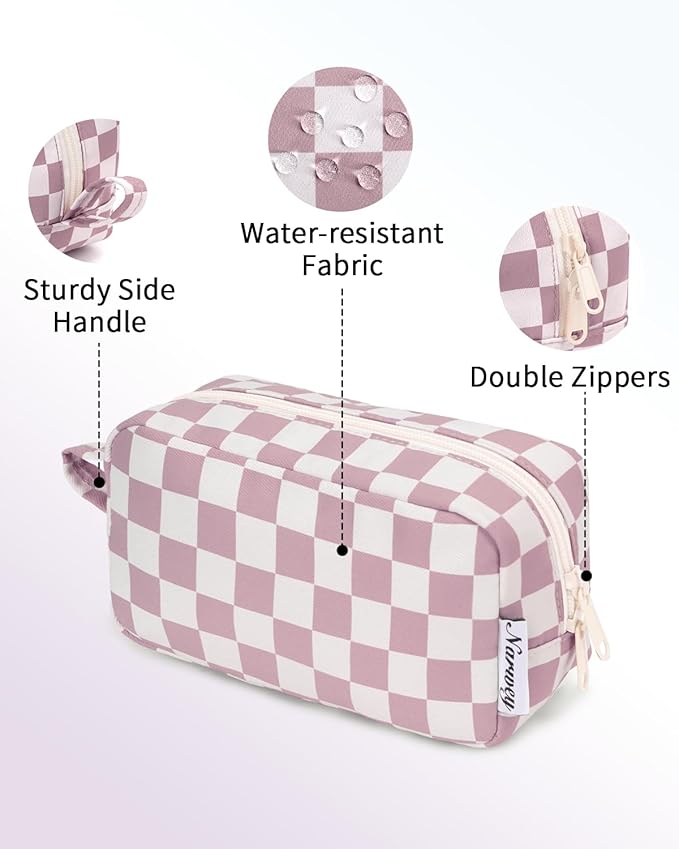 Narwey Cute Checkered Makeup Bag with Organized Pockets for Women - Dusty Rose Checkerboard, Zipper Pouch, Mini Travel Makeup Pouch
