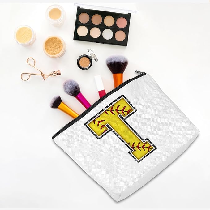 Softball Gifts Initial Makeup Bag Monogrammed Cosmetic Bag Letter T Zipper Pouch Softball Accessories for Girls Women Softball Player Coach Friend Softball Stuff Graduation Birthday Gifts
