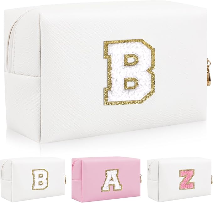 Personalized Initial Letter Patch Makeup Bag, Preppy Portable Chenille Cosmetic Bag with Zipper, PU Leather Waterproof Travel Toiletry Bag Monogram Make Up Pouch for Women Girls