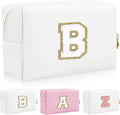 Personalized Initial Letter Patch Makeup Bag, Preppy Portable Chenille Cosmetic Bag with Zipper, PU Leather Waterproof Travel Toiletry Bag Monogram Make Up Pouch for Women Girls