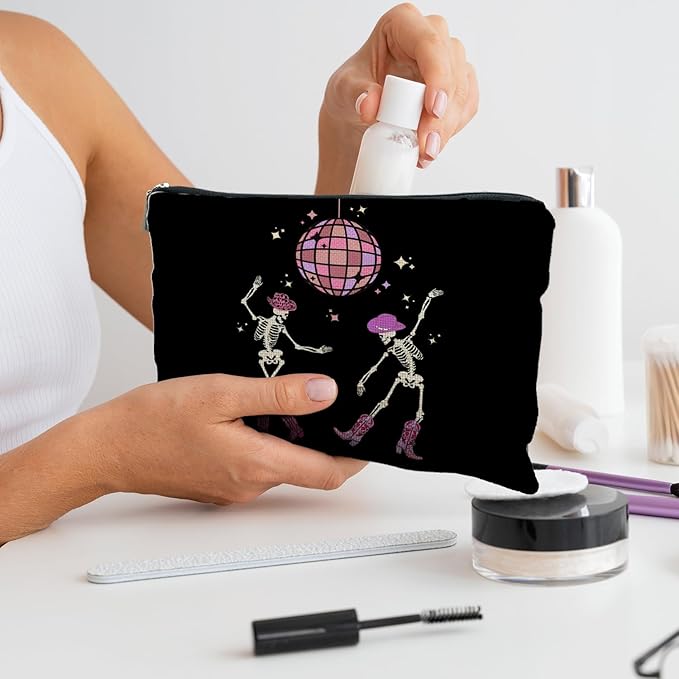 Funny Disco Dancing Skeleton Makeup Bag, Goth Gothic Skull Cosmetic for Women, Halloween Gifts, Dark Academia Makeup Pouch, Horror Bag