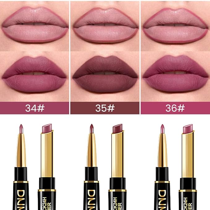 evpct 3Pcs Rose Chocolate Burgundy Red Matte Lip Liner and Lipstick Combo Set Kit for Women, Lipstick Red Magic 24 Hours Lip Liner Gloss Makeup Set Long Lasting Waterproof 24 labial, 34# 35# 36#