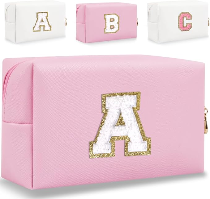 Small Personalized Letter Makeup Bag, Cute PU Leather Chenille Letters Cosmetic Bag Travel Makeup Pouch, Preppy Travel Organizer Zipper Pouch for Women&Girls（Pink-A）