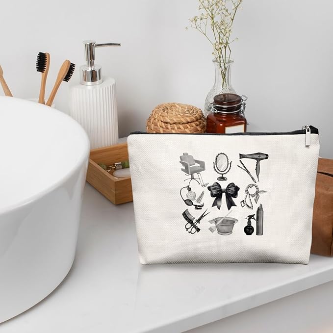 Black & White Hairstylist Makeup Bag, Aesthetic Salon Travel Organizer, Cosmetology Student Gifts for Women, Hairdresser Accessories Pouch for Teen Girls, 7.5 x 10 in