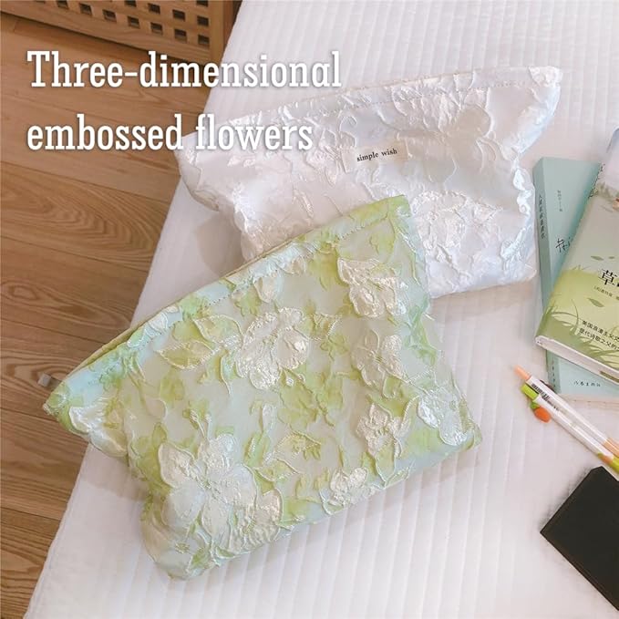 STARDW Aesthetic Floral Makeup Bag Cute Small Cosmetic Bags for Women Girls, Travel Toiletry Bag Large Capacity Zipper Makeup Pouch, Purse Organizer Pouches (Embossed green)