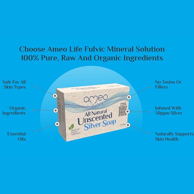 Ameo Life Colloidal Silver Soap Bar 4oz – 30ppm Unscented Natural Cleanser for Face & Body – Gentle Skincare for Women & Men