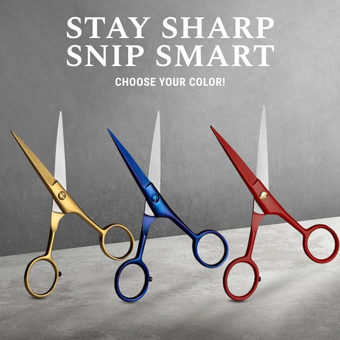 Ontaki Beard Scissors & Mustache Scissors - 5-Inch, True Red - German High-Carbon Steel Bevel Edge - Grooming Kit with Beard Comb & Mustache Comb & PU Leather Pouch - Facial Hair Grooming for Men