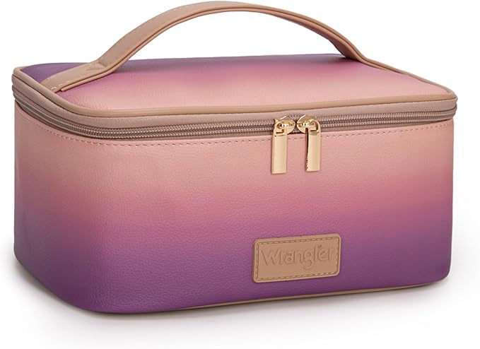 Montana West X Wrangler Travel Makeup Bag 2pcs Set Large Cosmetic Bag with Makeup Brush Holder Portable Make Up Organizer Cute Toiletry Bag with Divider and Handle for Women Gradient