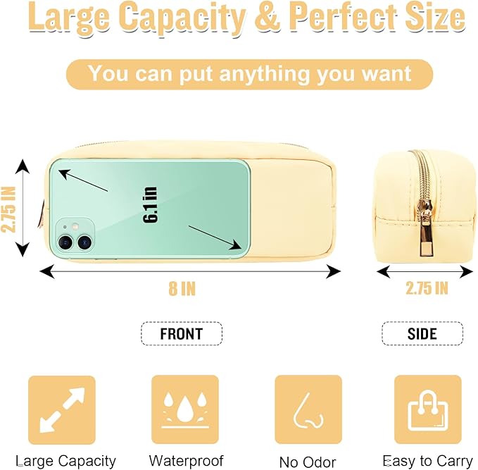 izuzta Nylon Small Makeup Bag Slim Pouch, Preppy Cute Makeup Brush Case Bag Cosmetic Zipper Pouch for Purse, Waterproof Travel Toiletry Bag Clutch Coin Pouch Makeup Organizer for Women Girls(Beige)