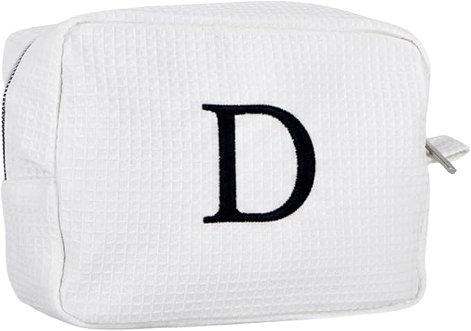 Personalized White Waffle Makeup Bag,Custom Embroidered Initial Cosmetic Pouch for Women,Monogrammed Cosmetic Case,Bridesmaid Gifts (D)